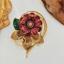 Load image into Gallery viewer, Vintage Autumnal Red Enamel Flower Brooch with Cirlcet Vine Detail
