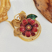 Load image into Gallery viewer, Vintage Autumnal Red Enamel Flower Brooch with Cirlcet Vine Detail
