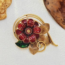 Load image into Gallery viewer, Vintage Autumnal Red Enamel Flower Brooch with Cirlcet Vine Detail
