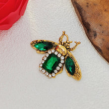 Load image into Gallery viewer, Antique Gold Metal &amp; Green Rhinestone Bee Brooch Insect Bug Jewelry
