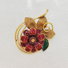 Load image into Gallery viewer, Vintage Autumnal Red Enamel Flower Brooch with Cirlcet Vine Detail
