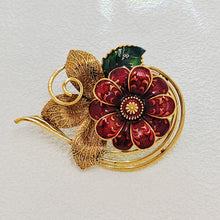 Load image into Gallery viewer, Vintage Autumnal Red Enamel Flower Brooch with Cirlcet Vine Detail
