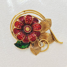 Load image into Gallery viewer, Vintage Autumnal Red Enamel Flower Brooch with Cirlcet Vine Detail
