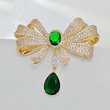 Load image into Gallery viewer, Italian Style Goldtone Trio Loop Ribbon Green Dangle Bow Brooch Pin Western Vintage Jewelry
