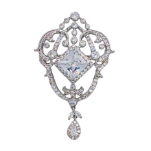 Load image into Gallery viewer, Magnificent Silver tone Opens Garland Style Square Stone Accent Brooch with Pearl Drop
