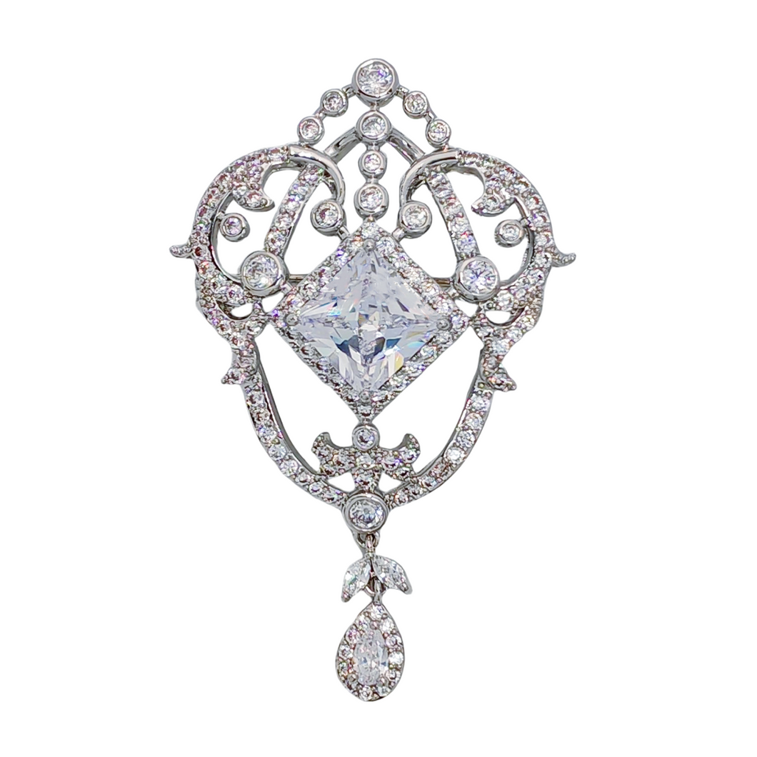 Magnificent Silver tone Opens Garland Style Square Stone Accent Brooch with Pearl Drop