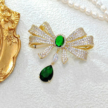 Load image into Gallery viewer, Italian Style Goldtone Trio Loop Ribbon Green Dangle Bow Brooch Pin Western Vintage Jewelry
