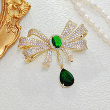 Load image into Gallery viewer, Italian Style Goldtone Trio Loop Ribbon Green Dangle Bow Brooch Pin Western Vintage Jewelry
