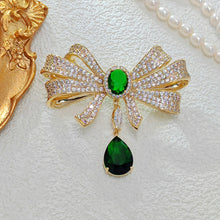 Load image into Gallery viewer, Italian Style Goldtone Trio Loop Ribbon Green Dangle Bow Brooch Pin Western Vintage Jewelry
