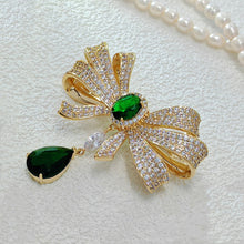 Load image into Gallery viewer, Italian Style Goldtone Trio Loop Ribbon Green Dangle Bow Brooch Pin Western Vintage Jewelry
