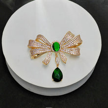 Load image into Gallery viewer, Italian Style Goldtone Trio Loop Ribbon Green Dangle Bow Brooch Pin Western Vintage Jewelry
