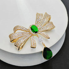 Load image into Gallery viewer, Italian Style Goldtone Trio Loop Ribbon Green Dangle Bow Brooch Pin Western Vintage Jewelry
