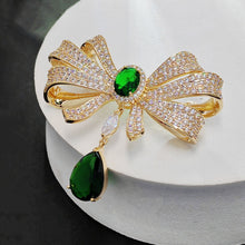 Load image into Gallery viewer, Italian Style Goldtone Trio Loop Ribbon Green Dangle Bow Brooch Pin Western Vintage Jewelry
