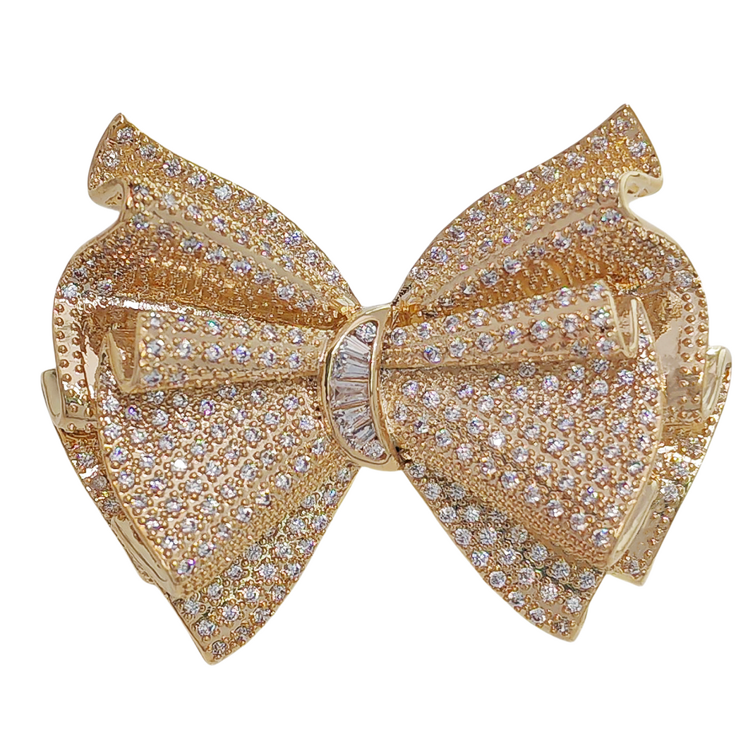 Stunning Gold Tone CZ Fold Bow Tie Brooch Pin Luxury Party Accessory