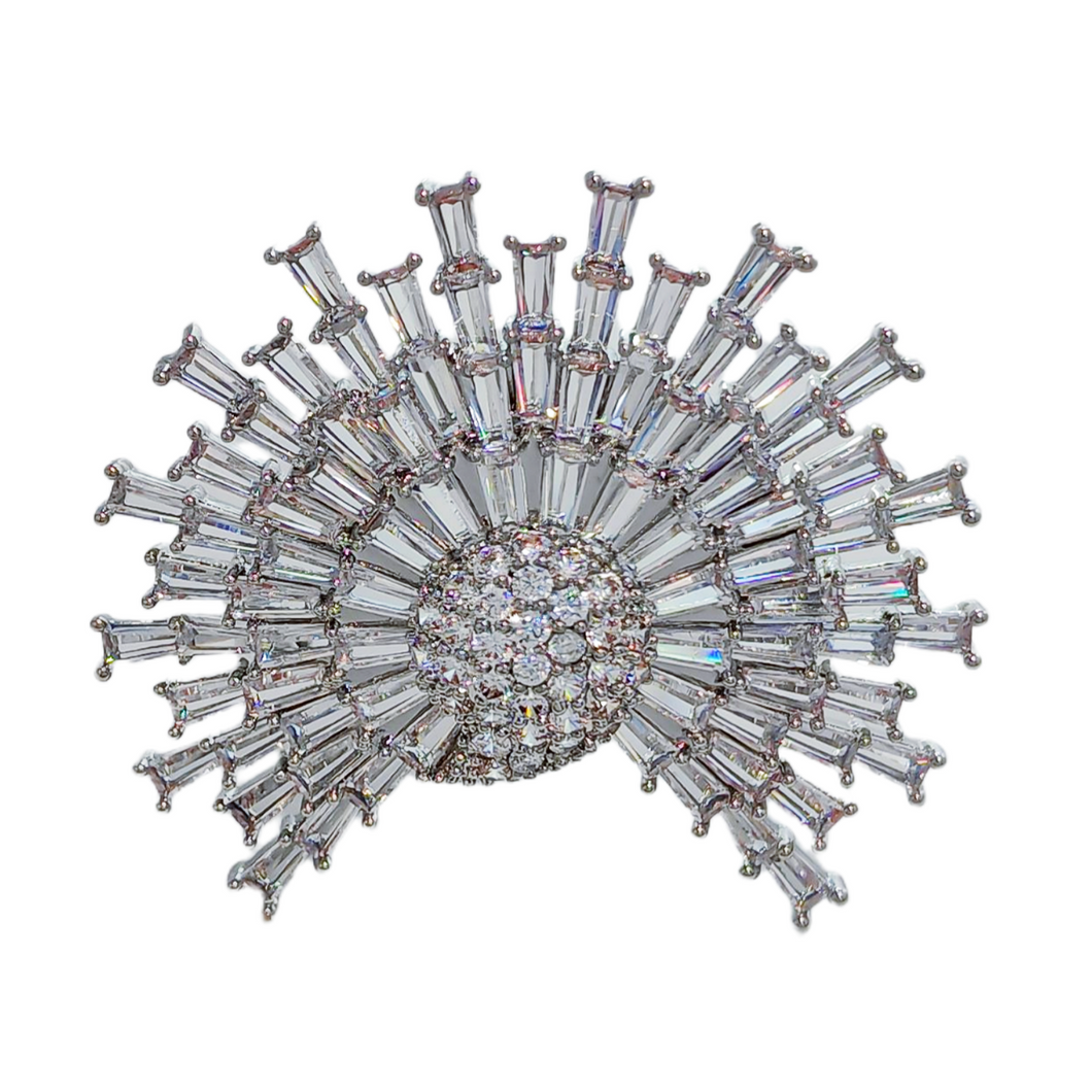 Stunning Glitter Silver Tone Baguette Cut Clear CZ Spike Sunshine Pin Burst Sunburst Jewelry