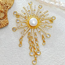 Load image into Gallery viewer, Fabulous Statement Cubic Zircon and Pearl Sunburst Brooch with Fringe Tassel Costume Accessory
