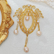 Load image into Gallery viewer, Vintage Gold Tone Pink Pearl Dangle Opens Marquise Shaped Brooch with Wing Mother Gift Jewelry
