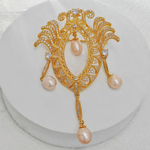 Load image into Gallery viewer, Vintage Gold Tone Pink Pearl Dangle Opens Marquise Shaped Brooch with Wing Mother Gift Jewelry
