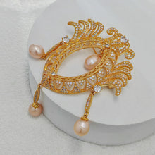 Load image into Gallery viewer, Vintage Gold Tone Pink Pearl Dangle Opens Marquise Shaped Brooch with Wing Mother Gift Jewelry
