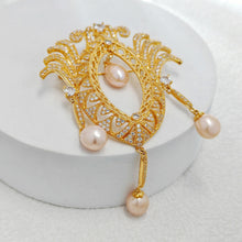 Load image into Gallery viewer, Vintage Gold Tone Pink Pearl Dangle Opens Marquise Shaped Brooch with Wing Mother Gift Jewelry
