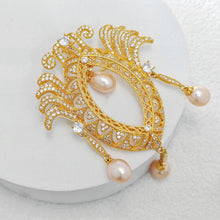 Load image into Gallery viewer, Vintage Gold Tone Pink Pearl Dangle Opens Marquise Shaped Brooch with Wing Mother Gift Jewelry
