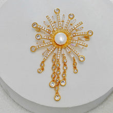 Load image into Gallery viewer, Fabulous Statement Cubic Zircon and Pearl Sunburst Brooch with Fringe Tassel Costume Accessory
