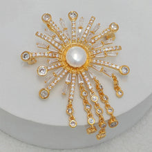 Load image into Gallery viewer, Fabulous Statement Cubic Zircon and Pearl Sunburst Brooch with Fringe Tassel Costume Accessory
