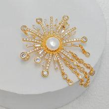 Load image into Gallery viewer, Fabulous Statement Cubic Zircon and Pearl Sunburst Brooch with Fringe Tassel Costume Accessory
