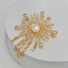 Load image into Gallery viewer, Fabulous Statement Cubic Zircon and Pearl Sunburst Brooch with Fringe Tassel Costume Accessory
