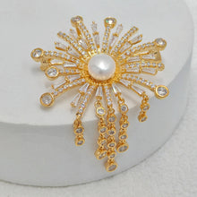 Load image into Gallery viewer, Fabulous Statement Cubic Zircon and Pearl Sunburst Brooch with Fringe Tassel Costume Accessory
