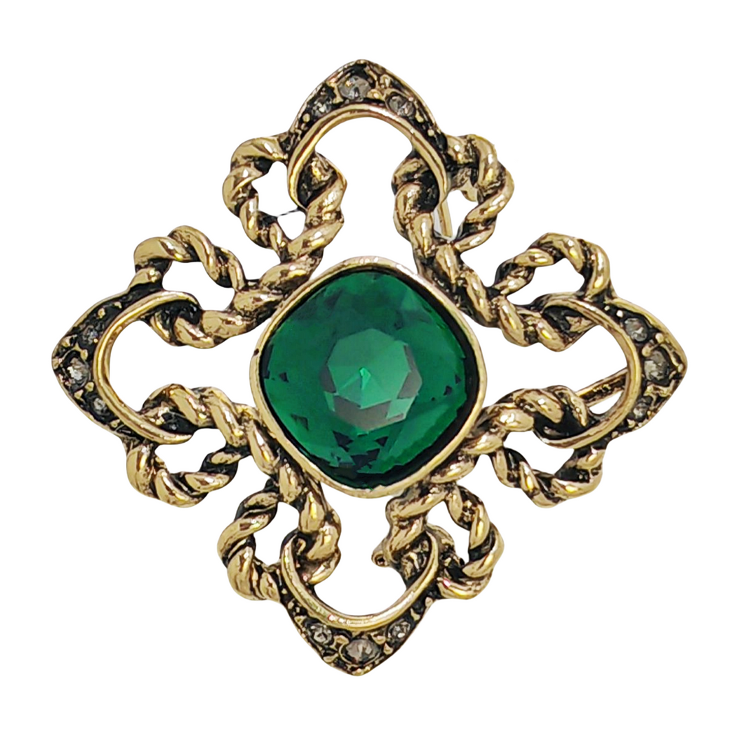 Fashion Vintage Green Stone Centered Art Deco Cross Brooch Pin Mother's Day Green Crystal Jewelry