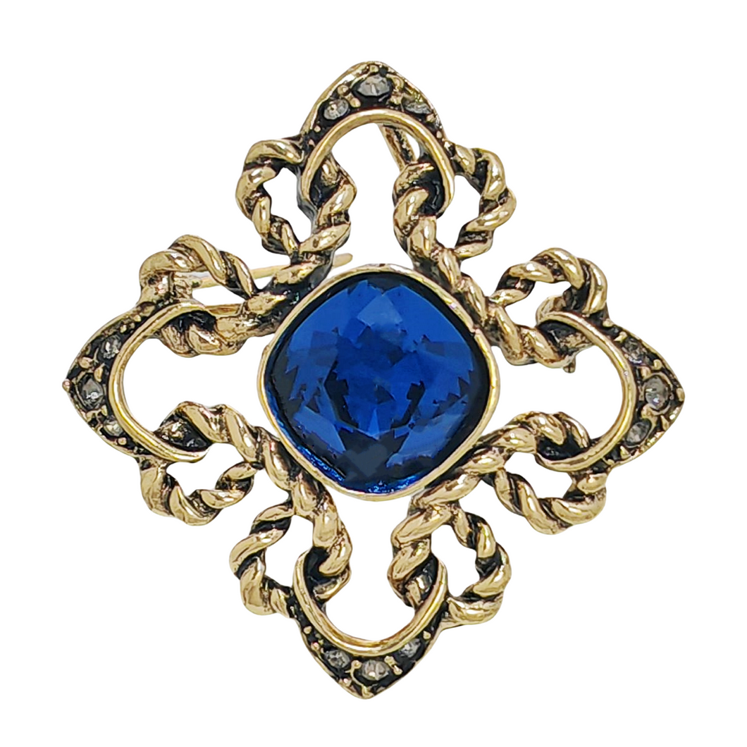 Gorgeous Vintage Blue Rhinestone Art Nouveau Broach Pin Cross Jewely