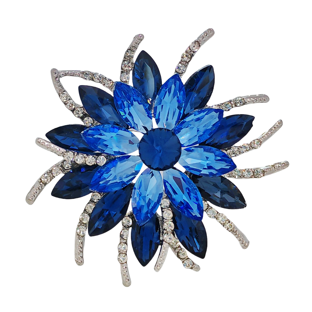 Classic Stylish Layered Statement Navy Blue Rhinestone Flower Sash Brooch Pin Bridal Wedding Jewelry