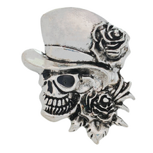 Load image into Gallery viewer, Punk Vintage Silver Metal Rose &amp; Skull Head Brooch Pin with Hat Gothic Themed Party Jewelry
