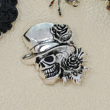 Load image into Gallery viewer, Punk Vintage Silver Metal Rose &amp; Skull Head Brooch Pin with Hat Gothic Themed Party Jewelry
