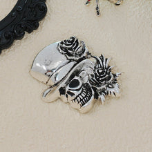 Load image into Gallery viewer, Punk Vintage Silver Metal Rose &amp; Skull Head Brooch Pin with Hat Gothic Themed Party Jewelry
