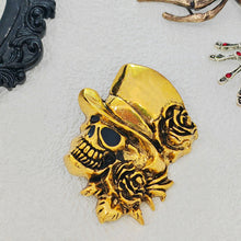 Load image into Gallery viewer, Steampunk Stylish Gold Metallic Skull Head with Rose Hat Halloween Costume Accessory
