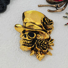 Load image into Gallery viewer, Steampunk Stylish Gold Metallic Skull Head with Rose Hat Halloween Costume Accessory
