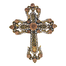 Load image into Gallery viewer, Vintage Gold Filigree Clear and Champagne Cross Brooch Pin Church Jewelry
