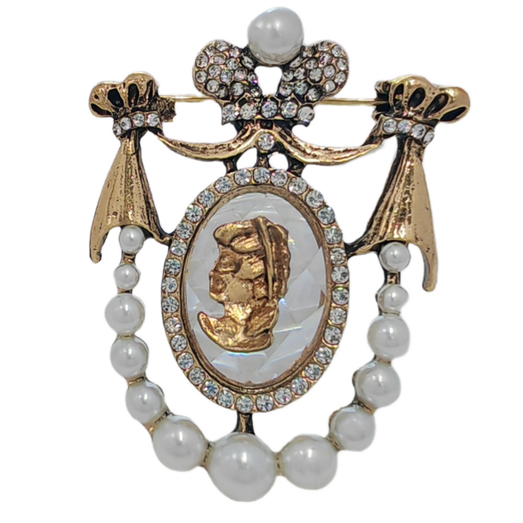 Vintage Crystal and Imitated Pearl COAT of ARMS Brooch Cameo Pin Jewelry