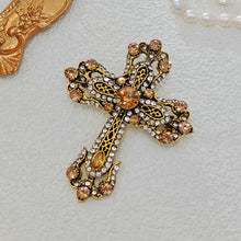 Load image into Gallery viewer, Vintage Gold Filigree Clear and Champagne Cross Brooch Pin Church Jewelry
