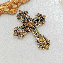 Load image into Gallery viewer, Vintage Gold Filigree Clear and Champagne Cross Brooch Pin Church Jewelry
