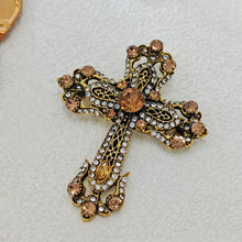 Load image into Gallery viewer, Vintage Gold Filigree Clear and Champagne Cross Brooch Pin Church Jewelry
