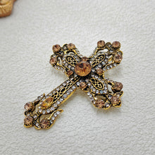 Load image into Gallery viewer, Vintage Gold Filigree Clear and Champagne Cross Brooch Pin Church Jewelry
