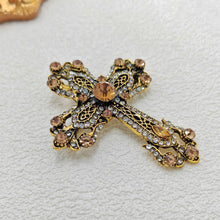 Load image into Gallery viewer, Vintage Gold Filigree Clear and Champagne Cross Brooch Pin Church Jewelry
