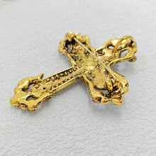 Load image into Gallery viewer, Vintage Gold Filigree Clear and Champagne Cross Brooch Pin Church Jewelry
