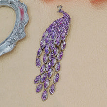 Load image into Gallery viewer, Splendid Large Amethyst Rhinestone Peacock Brooch with Long Tail Statement Animal Bird Jewelry
