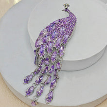 Load image into Gallery viewer, Splendid Large Amethyst Rhinestone Peacock Brooch with Long Tail Statement Animal Bird Jewelry
