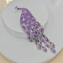 Load image into Gallery viewer, Splendid Large Amethyst Rhinestone Peacock Brooch with Long Tail Statement Animal Bird Jewelry
