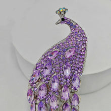 Load image into Gallery viewer, Splendid Large Amethyst Rhinestone Peacock Brooch with Long Tail Statement Animal Bird Jewelry
